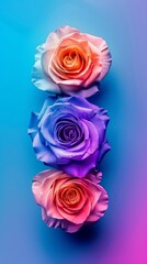 Three roses, each a different shade, stand out on a blue background