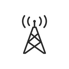 Naklejka premium Telecommunication tower, linear style icon. Tower with waves. Editable stroke width