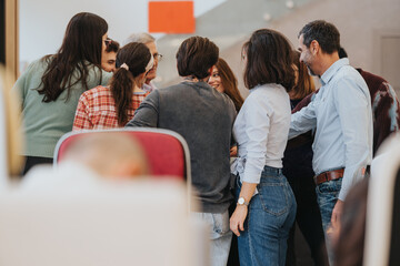 Group of diverse adults engaged in a casual meeting or social gathering.