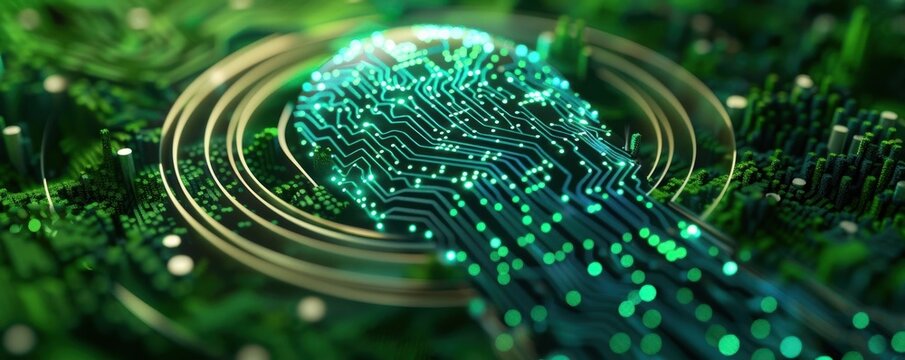 AI-driven sustainability with green tech advancements in a futuristic digital landscape