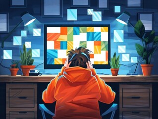 Frustrated user at a secure login screen, dimly lit room with a tense atmosphere, eye-level view