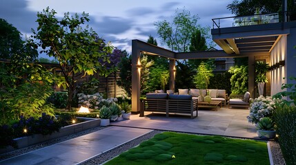 elegant garden with a pergola, comfortable seating, and soft lighting for evening relaxation