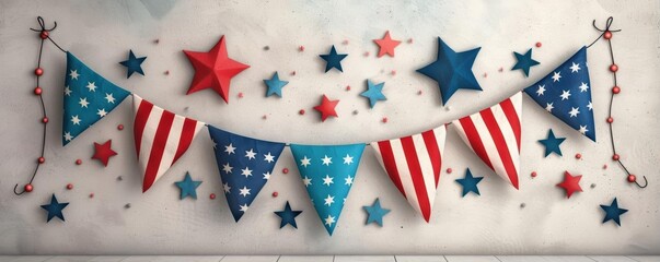 Obraz premium Festive red, white, and blue pennants with stars on a bright, patriotic background