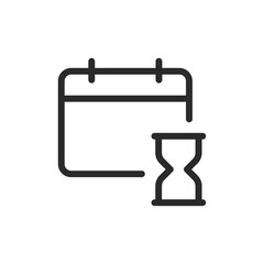 Calendar with hourglass, linear style icon. Deadline or time-sensitive event. Editable stroke width.