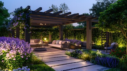 Fototapeta premium elegant garden with a pergola, comfortable seating, and soft lighting for evening relaxation