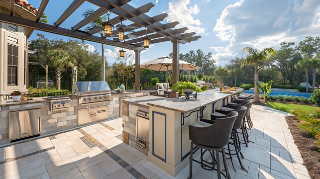 elegant outdoor kitchen with a large island, built-in grill, and a pergola providing shade
