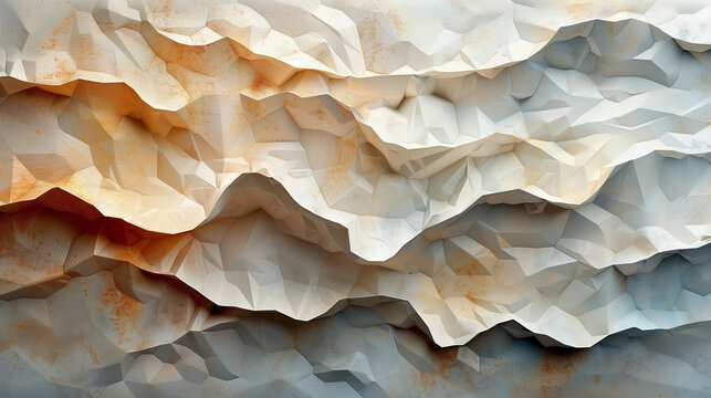 Motif digital g&eacute;om&eacute;trique qui ressemble &agrave; une texture de papier froiss&eacute;, tons ocre, beige et orange avec effet de relief et de texture