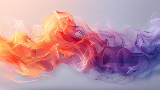 Ligne de fumée ou d'encre qui se diffuse dans l'eau dont les couleurs changent, dégradé du jaune au violet, isolé sur fond gris