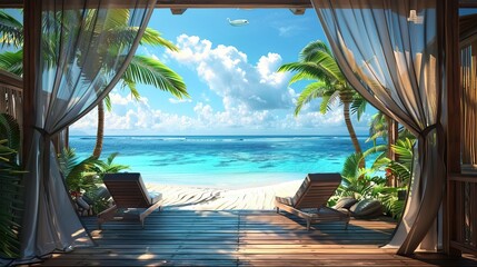 Landscape of beach. Tropical panorama, luxury water bungalow villa resort. Luxury travel destination background for summer holiday and vacation concept. High quality AI generated image