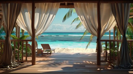 Obraz premium Landscape of beach. Tropical panorama, luxury water bungalow villa resort. Luxury travel destination background for summer holiday and vacation concept. High quality AI generated image