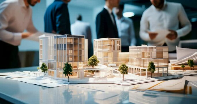 business complex scale model on the table. real estate developers, architects and businessmen team working on new project in office