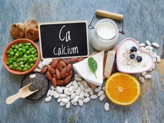 Calcium high foods with the chemical symbol Ca. Natural products containing calcium. Foods rich in calcium include nuts, seeds, dairy products, beans, peas. Osteoporosis diet, food for healthy bones.