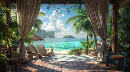 Landscape of beach. Tropical panorama, luxury water bungalow villa resort. Luxury travel destination background for summer holiday and vacation concept. High quality AI generated image