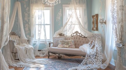 opulent bridal suite with delicate lace drapery, a crystal chandelier, and a vintage settee in soft pastel colors