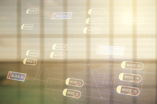 Double exposure of abstract programming language interface on empty modern office background, research and development concept