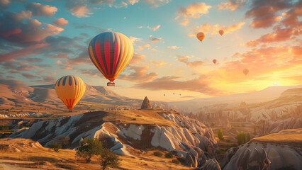 Obraz premium Skyward Journey: Hot Air Balloons Over a Mountain Valley at Sunset