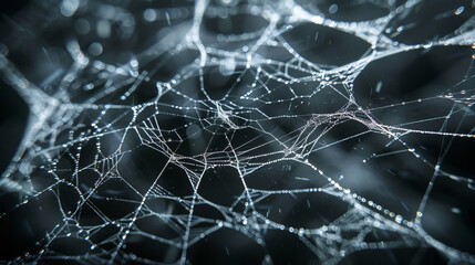 close up view of white spider web on dark backdrop ai generated