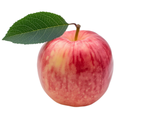 Isolated vibrant red apple with a green leaf on a transparent checkered background