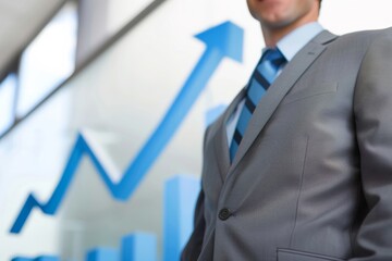 Fototapeta premium Businessman standing in front of a rising arrow and graph - growth - financial success - corporate strategy