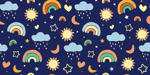 Seamless pattern with rainbow, clouds, heart, stars and moon. Baby dreamy print. Vector graphics.