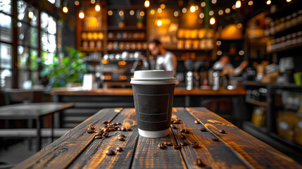 Coffee to go cup on wood table, coffee shop counter top. Blank labeled cup. Coffee, espresso, macchiato, take away.	
