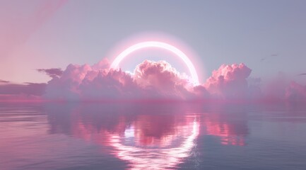 A white neon arch floating in the middle of pink cloud above calm water