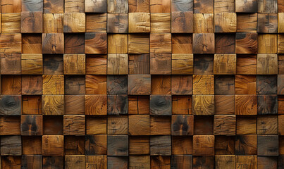 Intricate 3D Wooden Tile Wall Texture with Square Blocks and Soft Sheen, Rustic Timber Design Background for Interior and Graphic Use