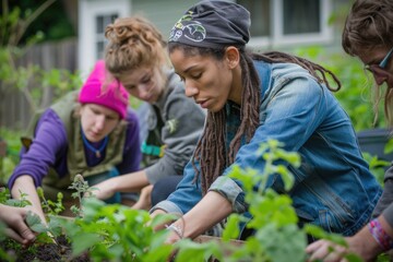 Fototapeta premium A group of women are actively working together in a colorful garden, planting, watering, and tending to various plants and flowers with enthusiasm and teamwork