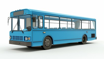 An empty retro-style city bus stands isolated on a white background, captured from a side angle viewpoint
