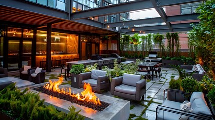 chic rooftop patio with modern fire features, comfortable seating areas surrounded by greenery, and a sleek outdoor bar