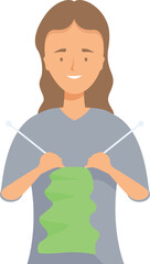 Smiling young woman holding knitting needles and knitting a green scarf