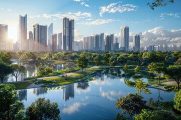 Obraz premium A city skyline with tall buildings in the background overlooking a tranquil lake in the foreground. The scene showcases the coexistence of nature and modern architecture