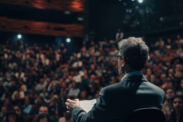 A charismatic man stands confidently before a diverse crowd, delivering a captivating lecture. The audience looks attentive and engaged