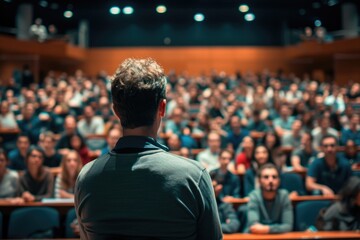Fototapeta premium A lecturer stands confidently in front of a large audience, captivating them with his words and presence as they listen intently