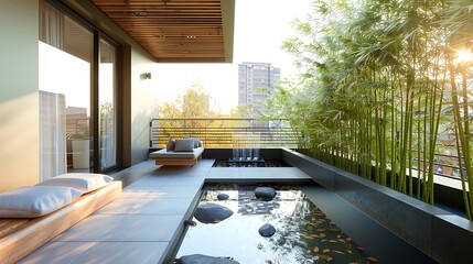 contemporary zen space on an urban balcony with streamlined bamboo planters, a sleek water feature,...