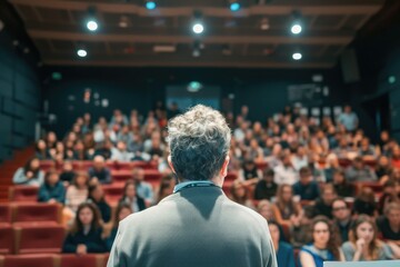 A man, the lecturer, stands confidently in front of a crowd of people, delivering a passionate and insightful lecture on a standard scale