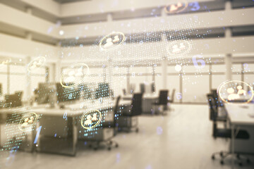 Double exposure of social network icons hologram and world map on modern corporate office background. Marketing and promotion concept