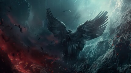 The angel Lucifer fall into the black abyss