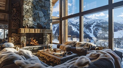 deluxe ski lodge living room with a towering stone fireplace, deep plush sofas covered in faux fur throws, and a wall of windows showing snowy mountain views