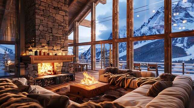 deluxe ski lodge living room with a towering stone fireplace, deep plush sofas covered in faux fur throws, and a wall of windows showing snowy mountain views