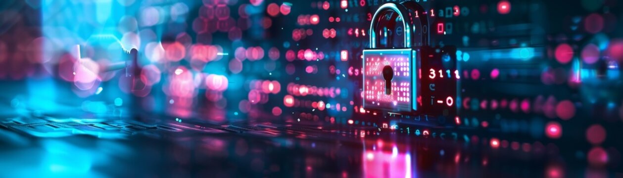 Abstract digital cybersecurity concept with a lock, data protection, blue and pink lights in a futuristic technological background.