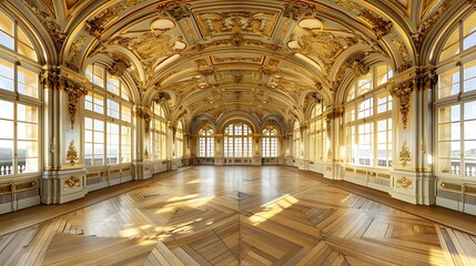 Obraz premium grandiose ballroom with gold leaf detailing on the ceilings, massive arched windows, and an elegant parquet dance floor