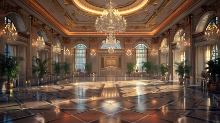 grand ballroom with a large dance floor, crystal chandeliers, and elegant decor, perfect for hosting lavish events