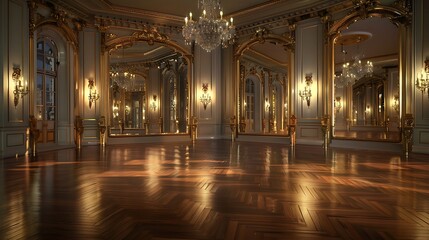 grand ballroom with polished wood floors, massive gold mirrors, and crystal sconces that provide a warm glow for evening events