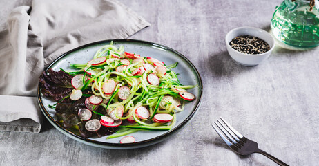 Fresh vitamin salad of cucumber and radish on a plate on the table web banner