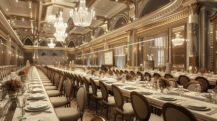 grand banquet hall with long tables, elegant place settings, and crystal chandeliers creating a stunning and luxurious space