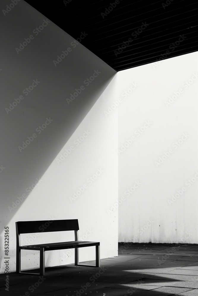 Leinwandbilder a black and white photo of a bench in a room with a white wall. the bench is in the center of the ro