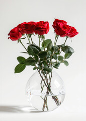Three red roses in a clear vase. The roses are in full bloom and are the focal point of the image.