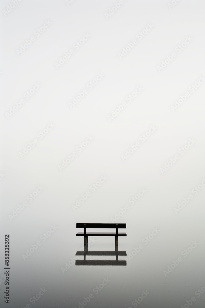 Fototapete a bench is sitting in a lake with a foggy sky in the background. the bench is the only object in the
