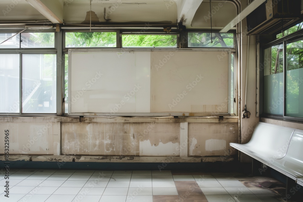 Fototapete a white board is on the wall of a room with a bench in the corner. the room is empty and has a very 